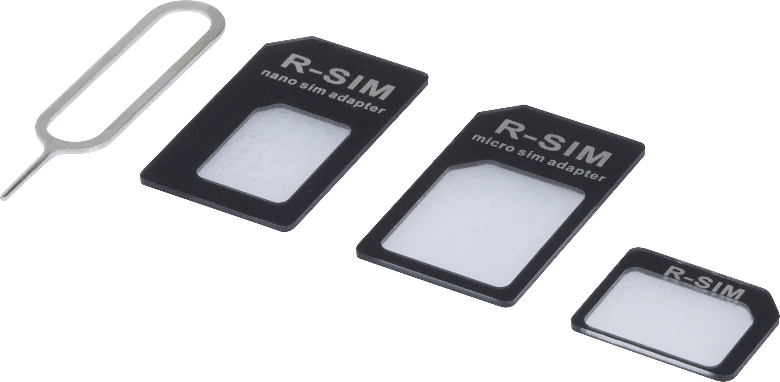 Drei SIM-Karten-Adapter neben einem SIM-Karten-Auswurfwerkzeug.