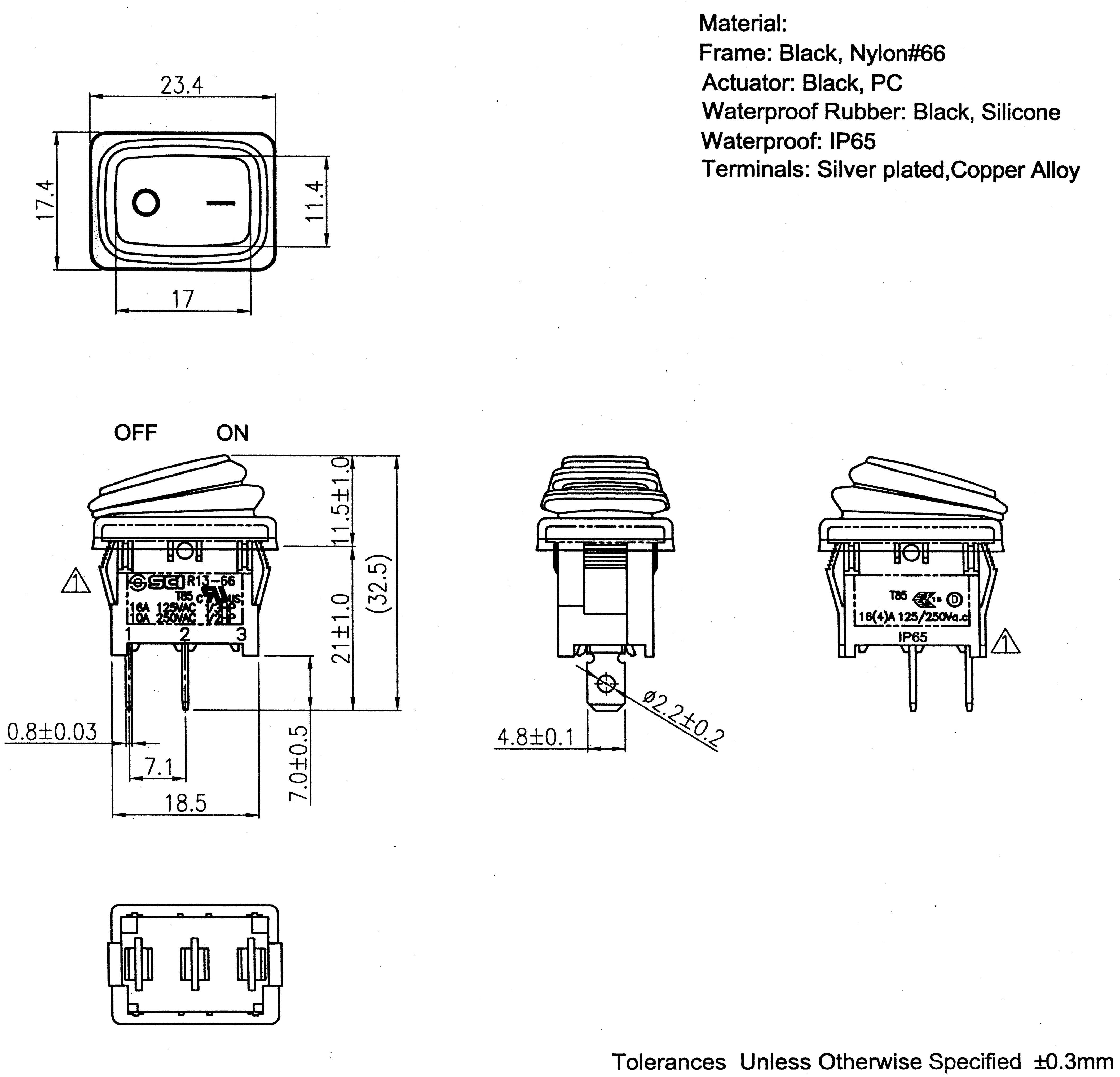 Technische Zeichnung eines Schalters: zeigt Front-, Seiten- und Rückansicht. Angaben: Material: Schwarz, Nylon #66, IP65 wasserdicht.