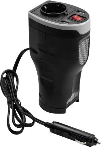 Tragbarer Spannungswandler mit Steckdose und USB-Anschlüssen zur Stromversorgung im Auto, verbunden über Zigarettenanzünder.