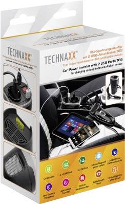 Verpackung eines KFZ-Spannungswandlers mit zwei USB-Anschlüssen. Abgebildet sind Ladegeräte im Auto. Text: 'Für elektronische Geräte im Auto'.