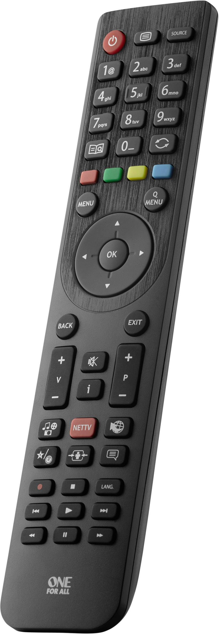 Schwarze Universal-Fernbedienung mit farbigen Tasten für Navigation und Steuerung von TV- und Media-Geräten.