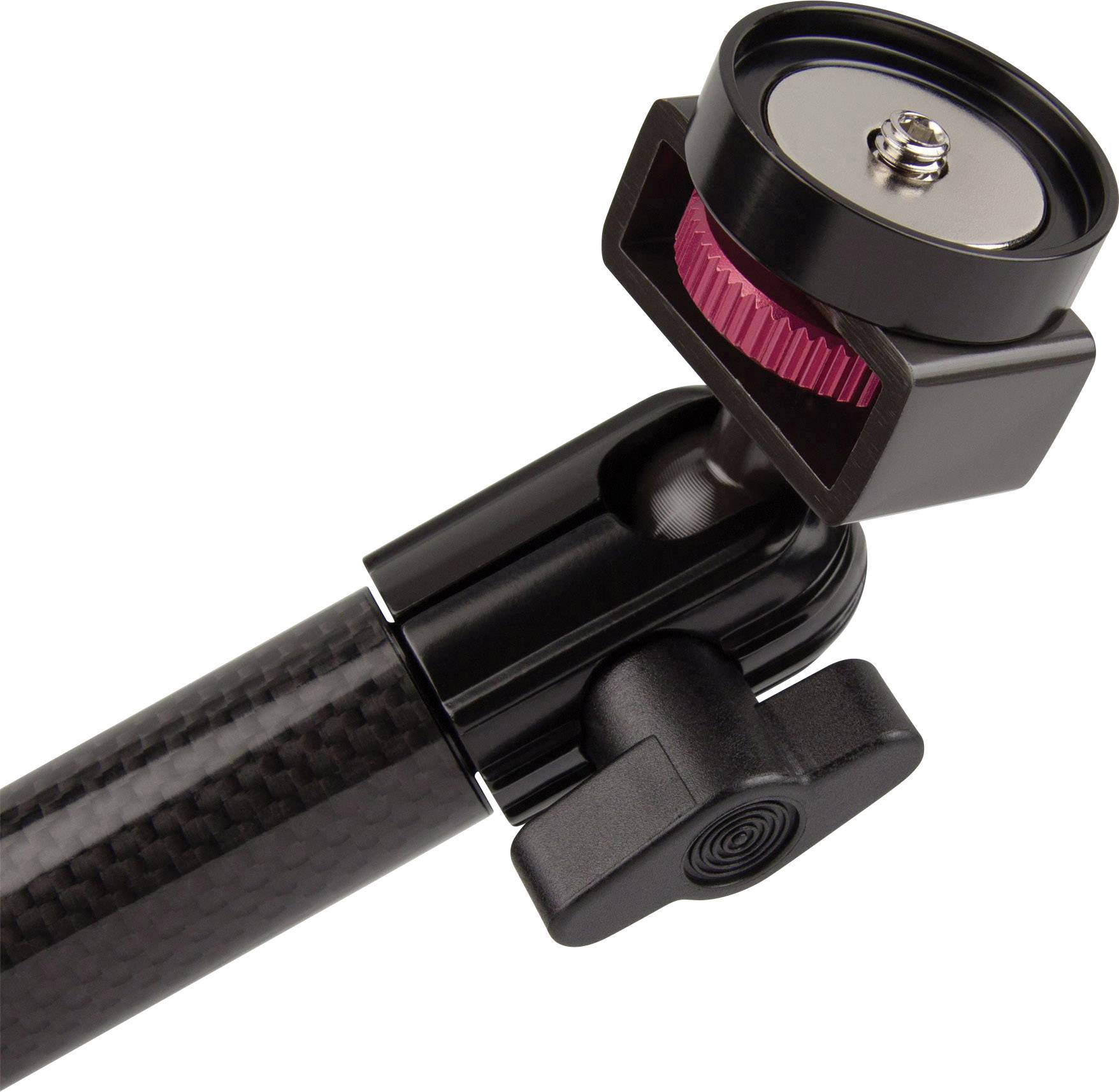 Schwarzer Selfie-Stick mit rotem Griff und verstellbarem Kopf, geeignet für Kameras oder Smartphones.