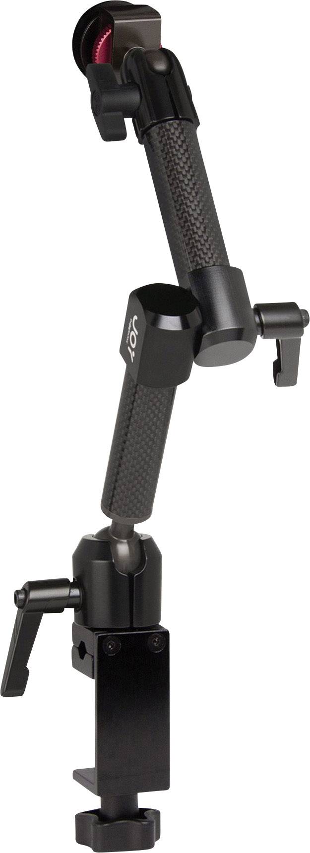 Eine verstellbare Halterung mit zwei Gelenken und Klammern, geeignet zur Befestigung an verschiedenen Oberflächen.