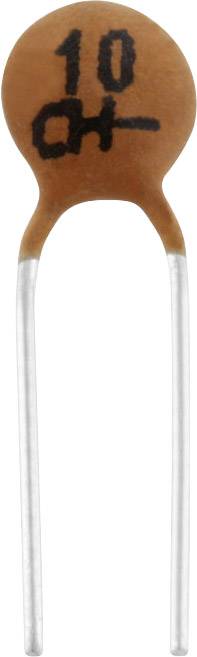 Ein brauner keramischer Kondensator mit der Aufschrift '104' oben; zwei metallene Anschlusspins erstrecken sich nach unten.