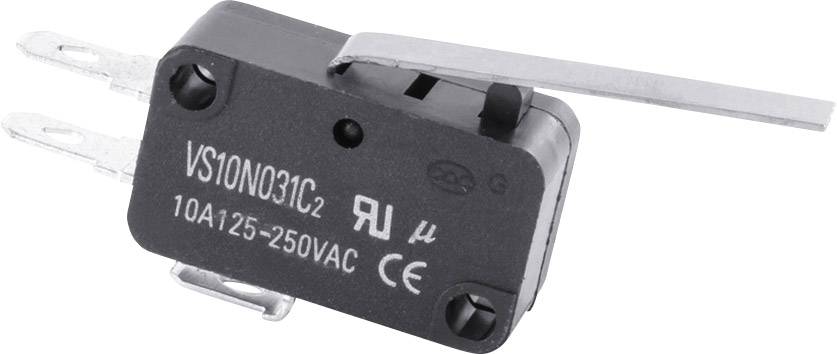 Ein Mikroschalter mit Hebel, Modell VS10N03IC2. Beschriftet mit '10A 125-250VAC' sowie diversen Sicherheits- und Qualitätszeichen.