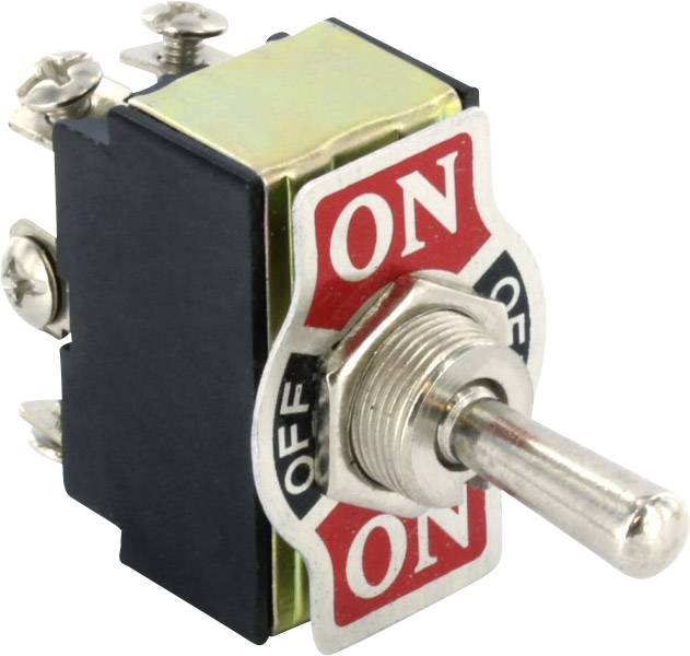 Ein Kippschalter mit Positionen 'ON' und 'OFF' in metallischer Ausführung.
