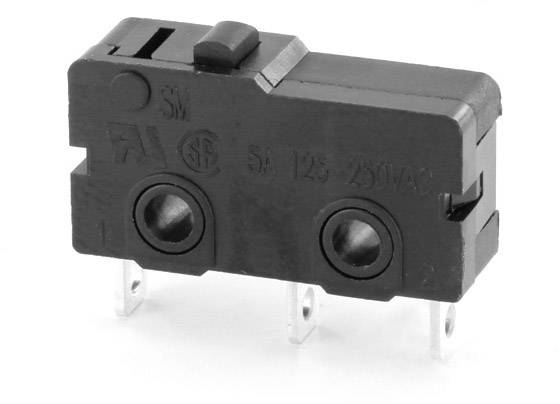 Miniaturschalter mit schwarzen Gehäuse und drei Metallanschlüssen, geeignet für elektrische Anwendungen mit max. 250VAC, 5A.
