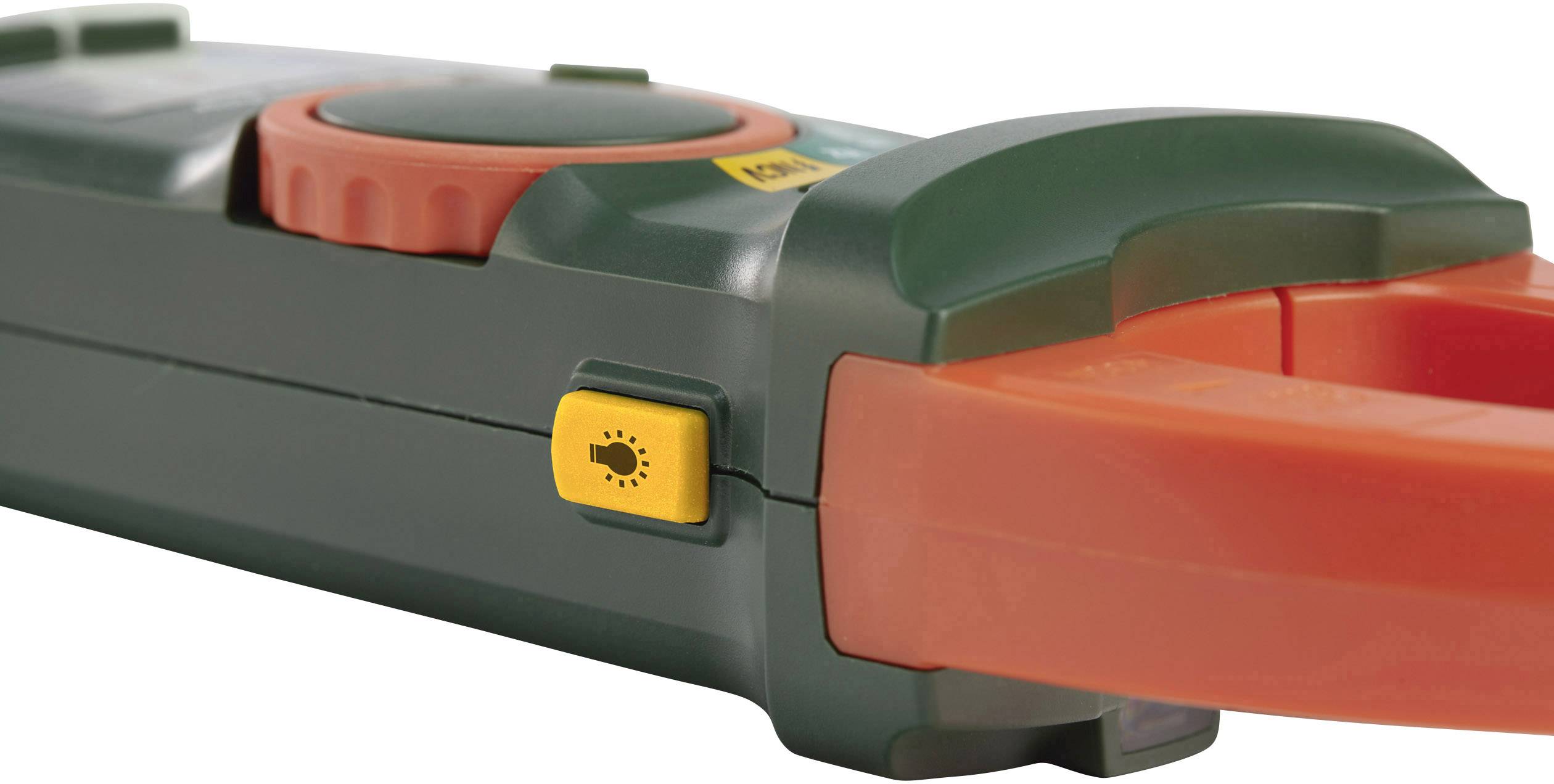 Nahaufnahme eines elektrischen Prüfgeräts mit orangenen Greifbacken und einem gelben Knopf mit einem Käfer-Symbol.