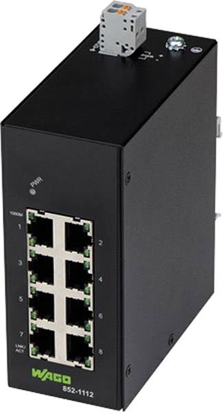 Ein schwarzer Ethernet-Switch mit acht RJ45-Ports. Oben befindet sich ein einzelner kleiner Stecker. Links sind Statuslichter sichtbar.