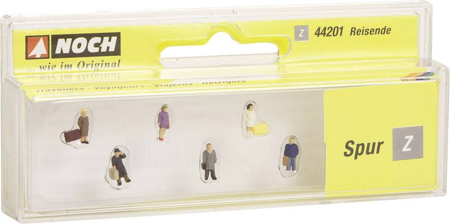 Verpackung miniatur Reisende Figuren, Spur Z, für Modelleisenbahn. Enthält sechs bemalte Personen in unterschiedlichen Posen.