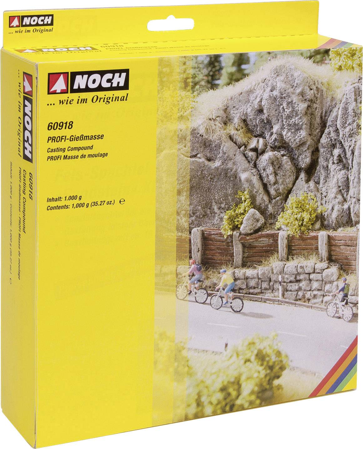 Verpackung von 'NOCH PROFI-Gießmasse 60918', zeigt Miniaturfahrradfahrer auf einem Weg mit Felsen und Bäumen, Modellbauzubehör.