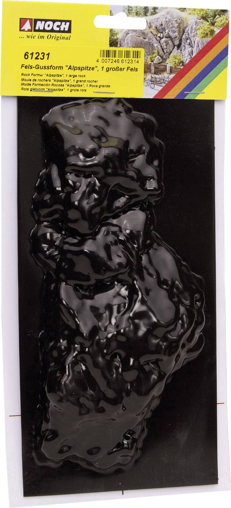 Verpackung von NOCH Modellbau-Produkt 'Fels-Gussform Alpenspitze', zeigt große schwarze Gussform, geeignet für Miniaturlandschaften.