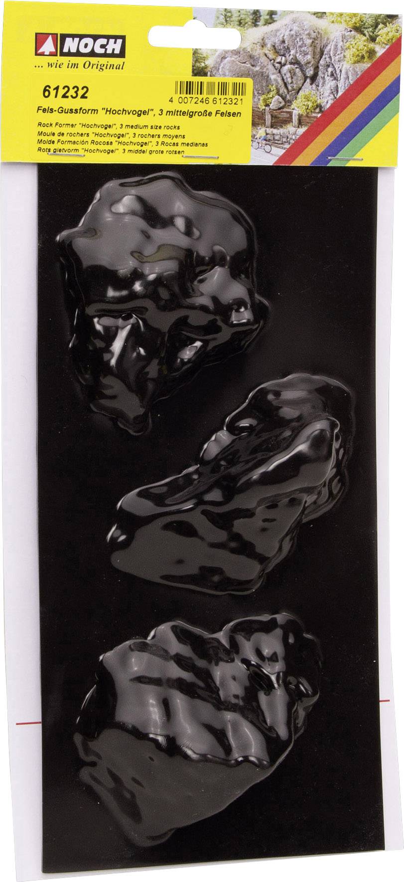Dreierpack schwarze Felshimitationen auf schwarzem Hintergrund, Teil einer Modellbau-Zubehörkollektion von Noch.