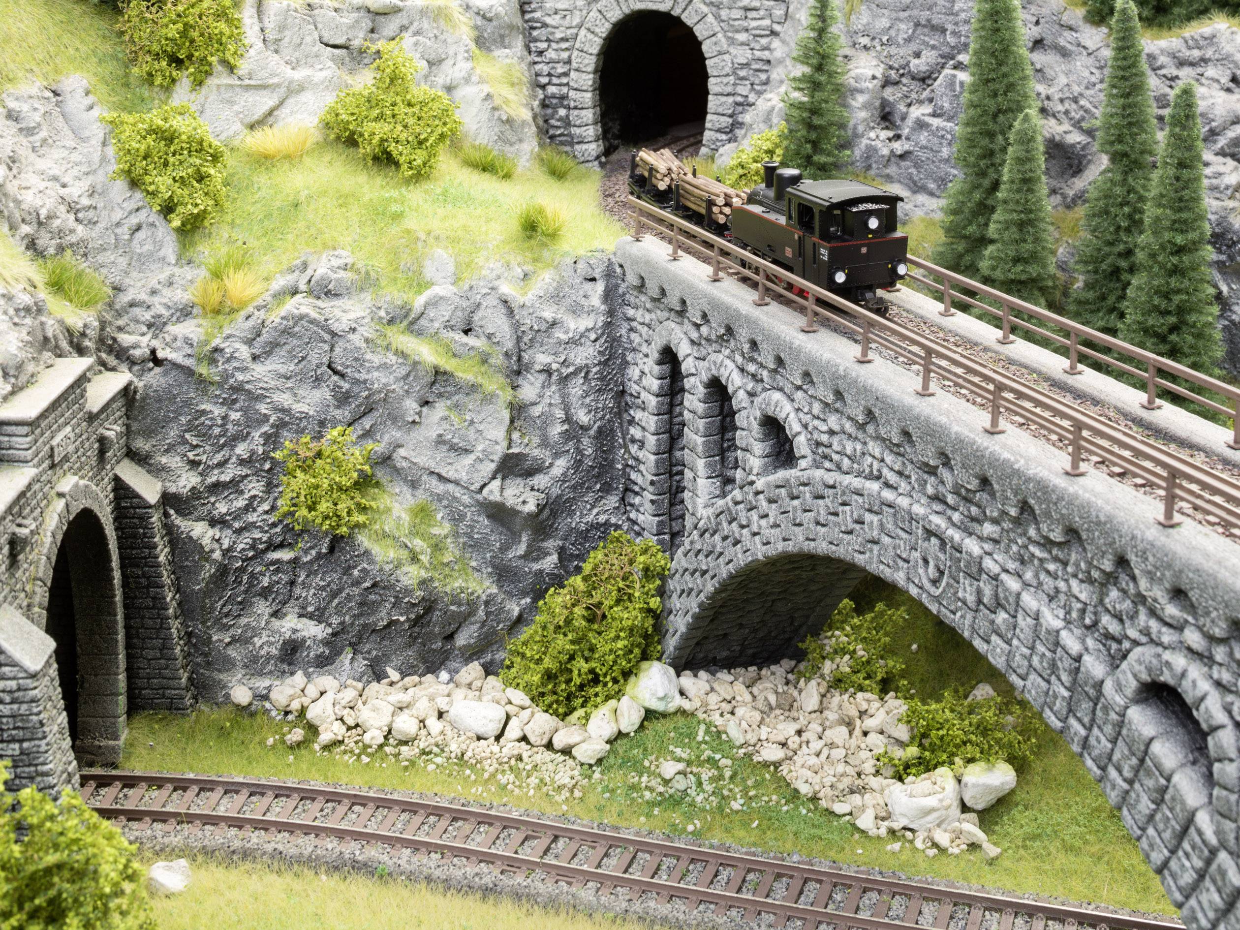 Eine kleine Modellbahn fährt über eine Steinbrücke durch eine gebirgige Landschaft mit Tannen und einem Tunnel.