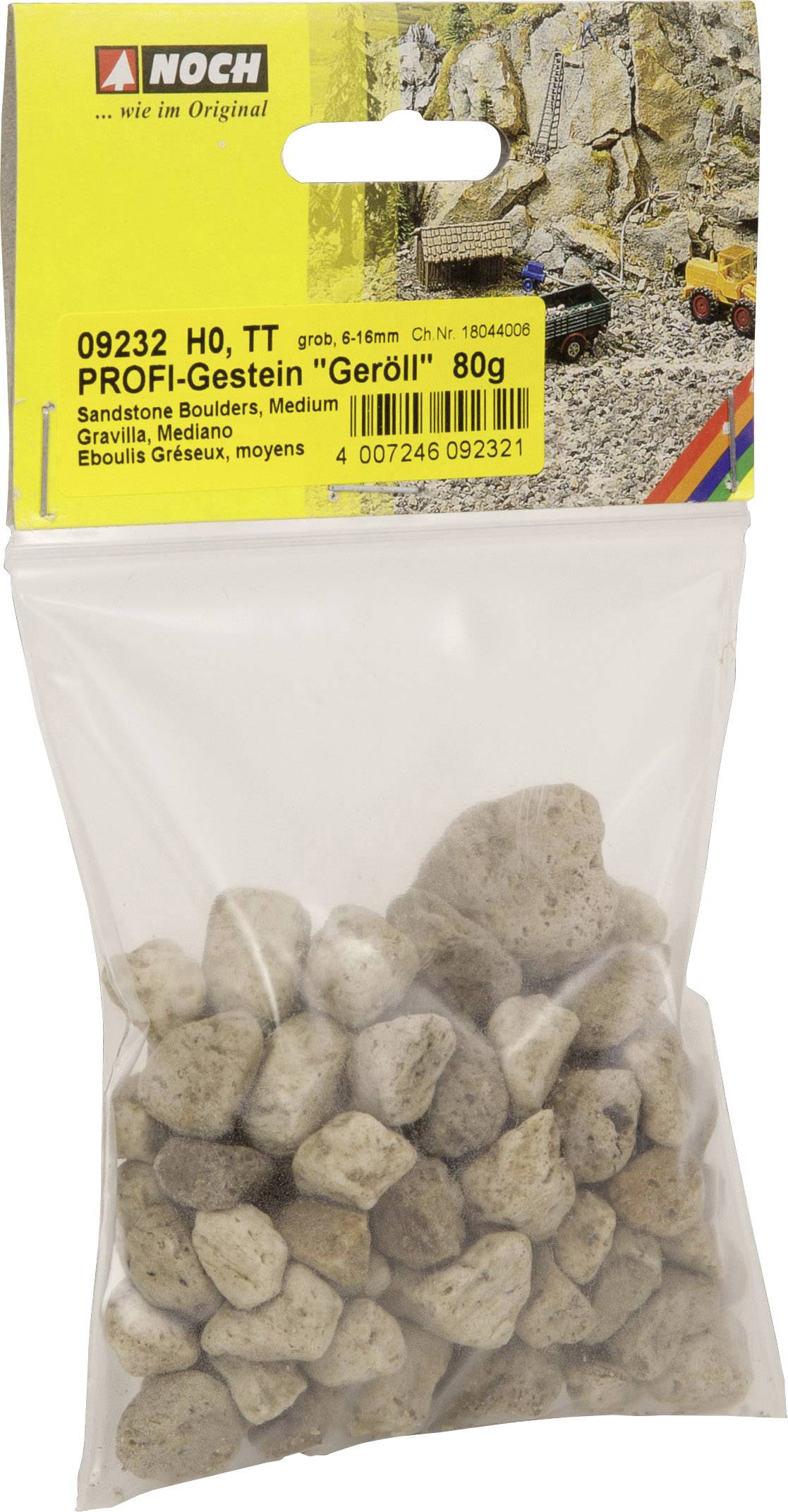 Die Verpackung zeigt PROFI-Gestein 'Geröll' von NOCH, 80g, geeignet für Modelleisenbahnen. Enthält mittelgroße Sandsteine für Dekoration.
