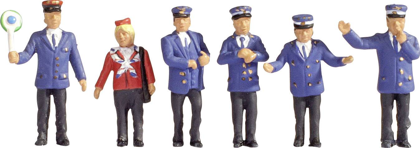 Sechs Miniaturfiguren in Uniform, darunter fünf in blauer Eisenbahnerkleidung und eine in roter Uniform, stehen in einer Reihe.