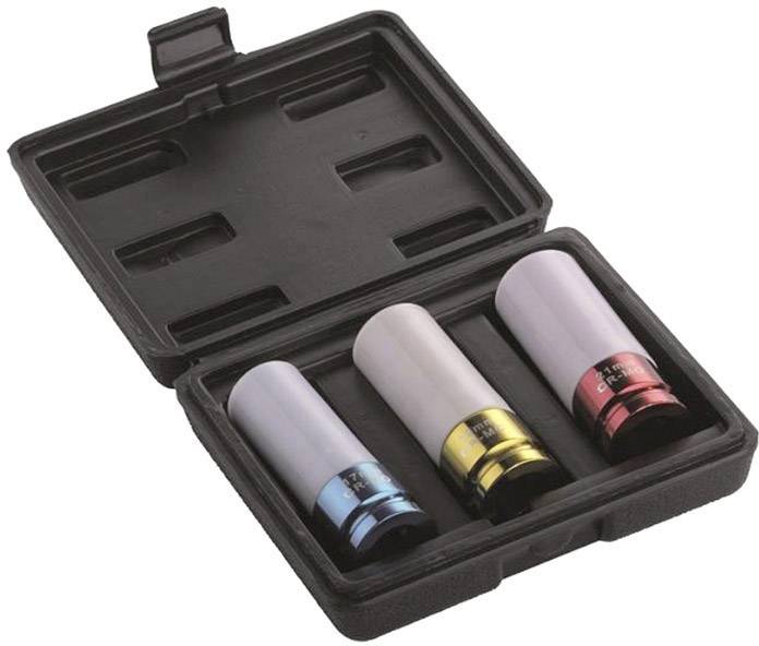 Ein offenes Etui mit drei Stecknüssen in Blau, Gold und Rot, jeweils mit Schutzaufsätzen, zur Vermeidung von Kratzern an Felgen.