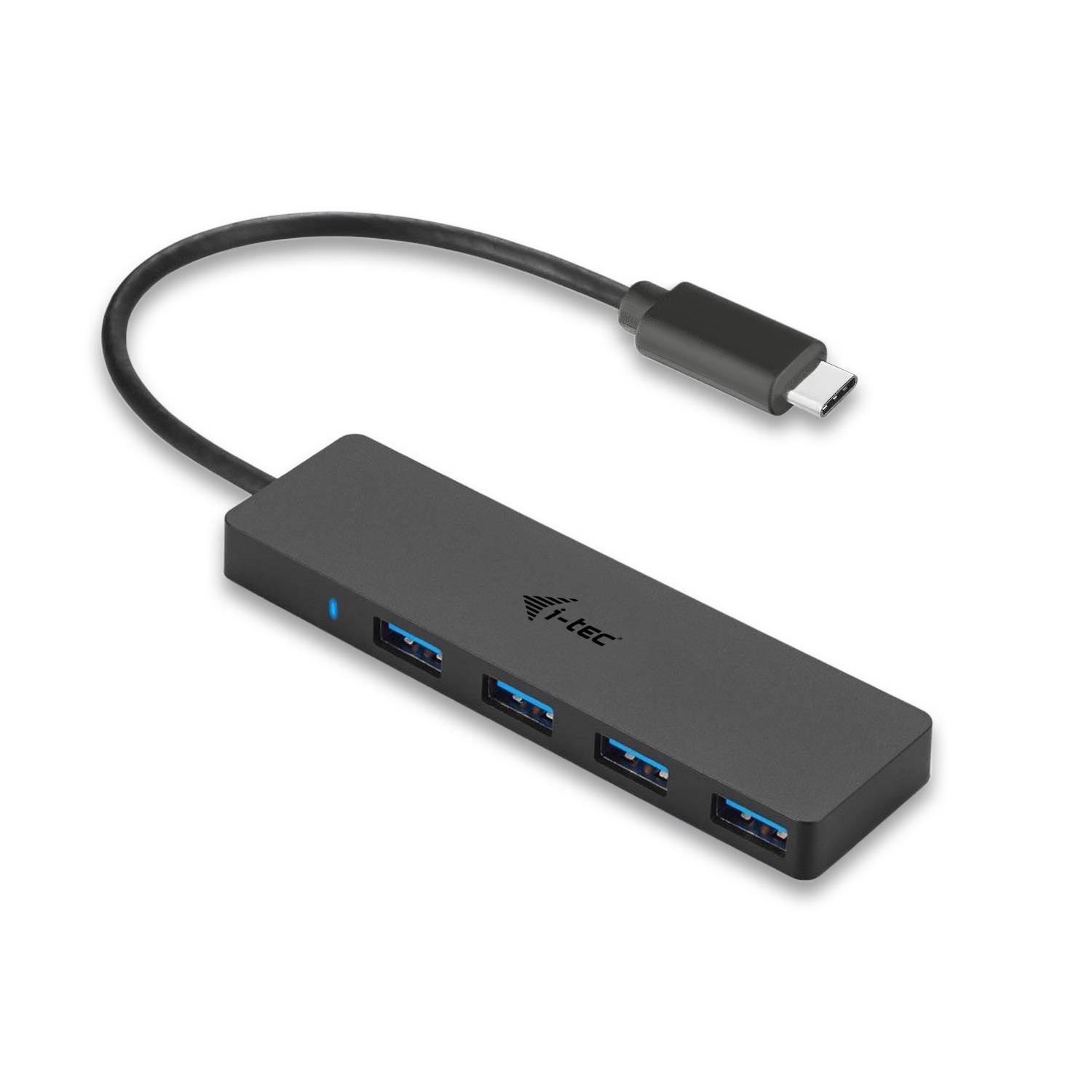 USB-C auf USB 3.0 Hub mit vier Anschlüssen, geeignet zum Erweitern der Anschlussmöglichkeiten eines Computers oder Laptops.