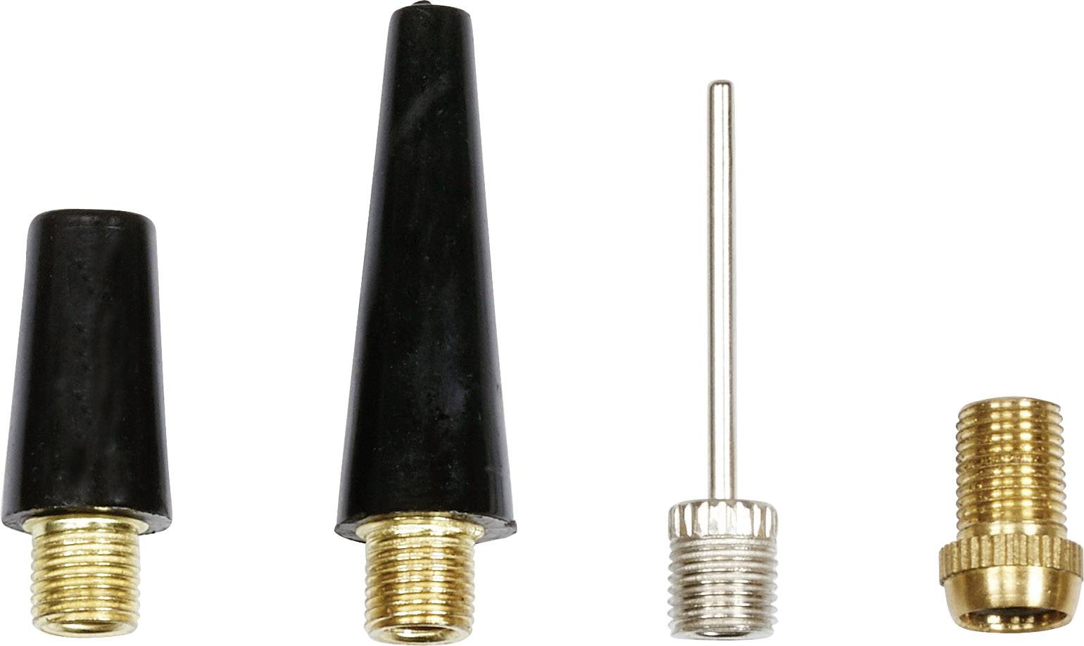 Vier Adapter für Pumpen: zwei schwarze mit goldfarbenem Gewinde, ein silberner mit Metallnadel, ein kleiner goldener.