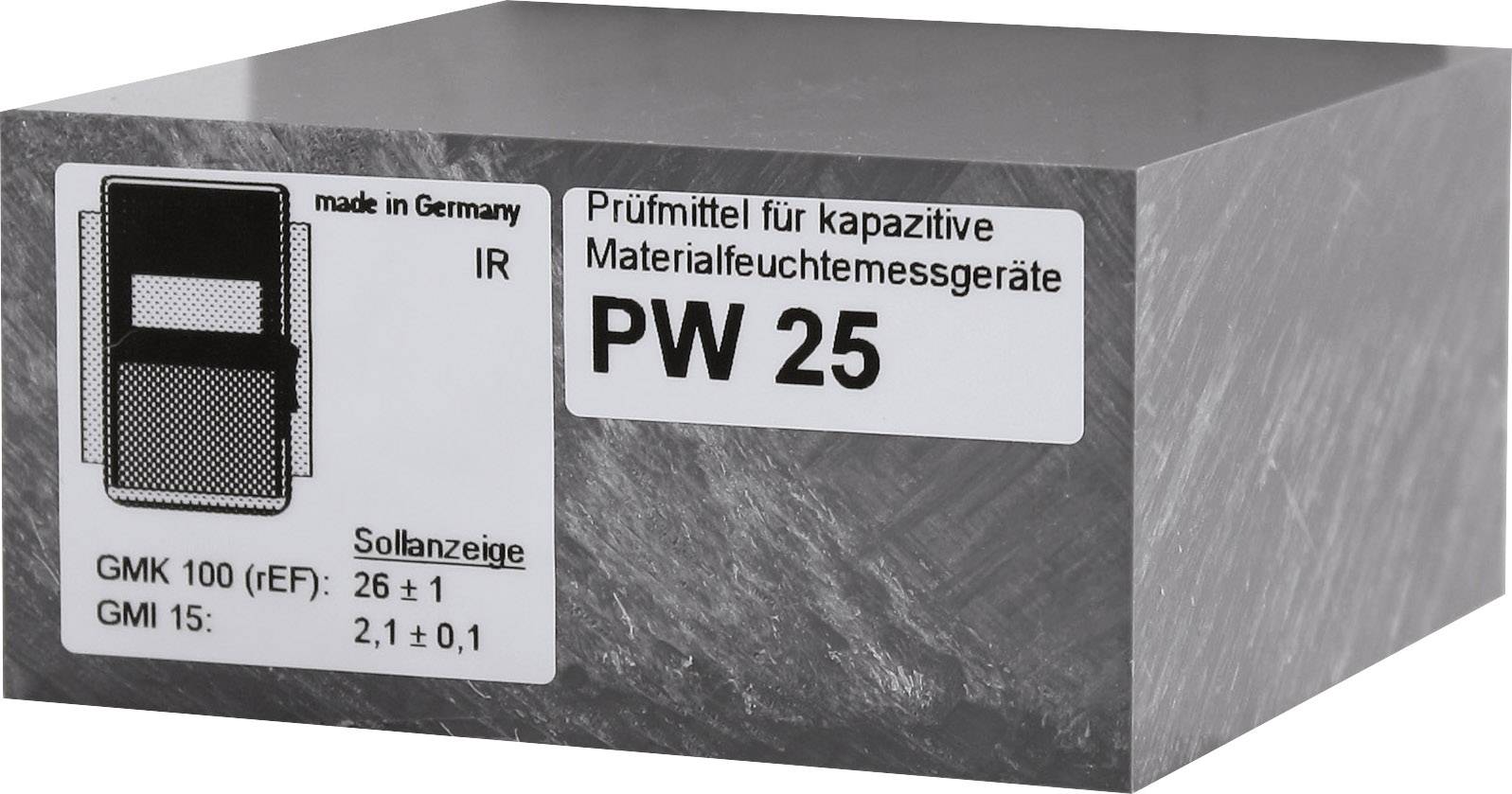 Blocksensor zur Prüfung kapazitiver Materialfeuchtemessgeräte, Modell 'PW 25', hergestellt in Deutschland mit Sollanzeige: GMK 100 (eF): 26 ± 1, GMI 15: 2,1 ± 0,1.