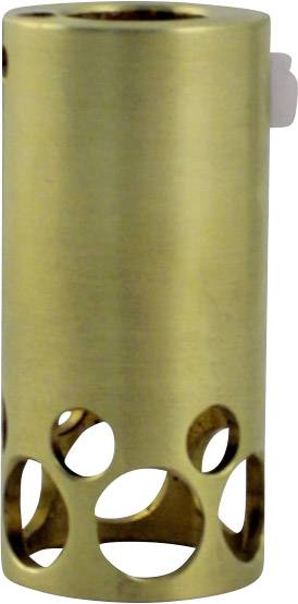 Messingfarbenes zylindrisches Objekt mit kreisförmigen Aussparungen am unteren Rand.