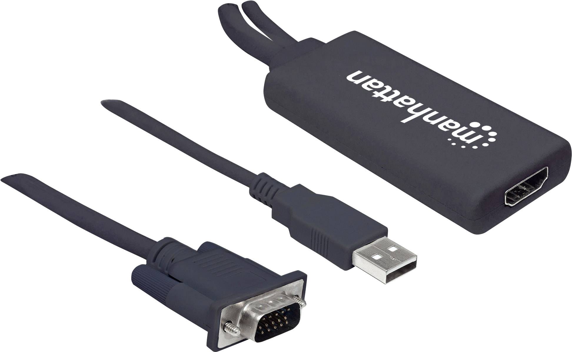 Adapter von VGA zu HDMI mit USB-Stromversorgung. Der Adapter ist schwarz mit dem Logo einer Marke darauf.