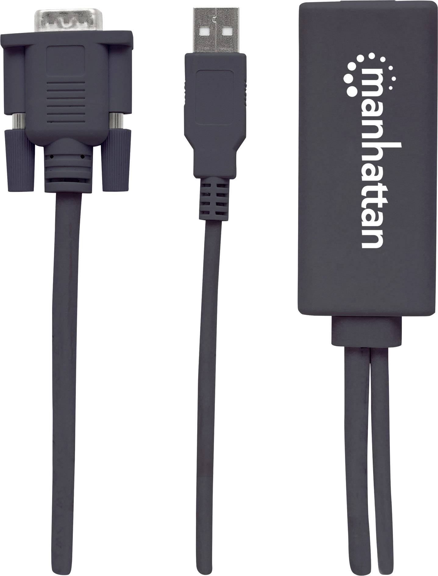Ein Adapterkabel mit VGA- und USB-Stecker sowie einem schwarzen Manhattan-Label. Verbindet ältere Displays mit modernen Geräten.