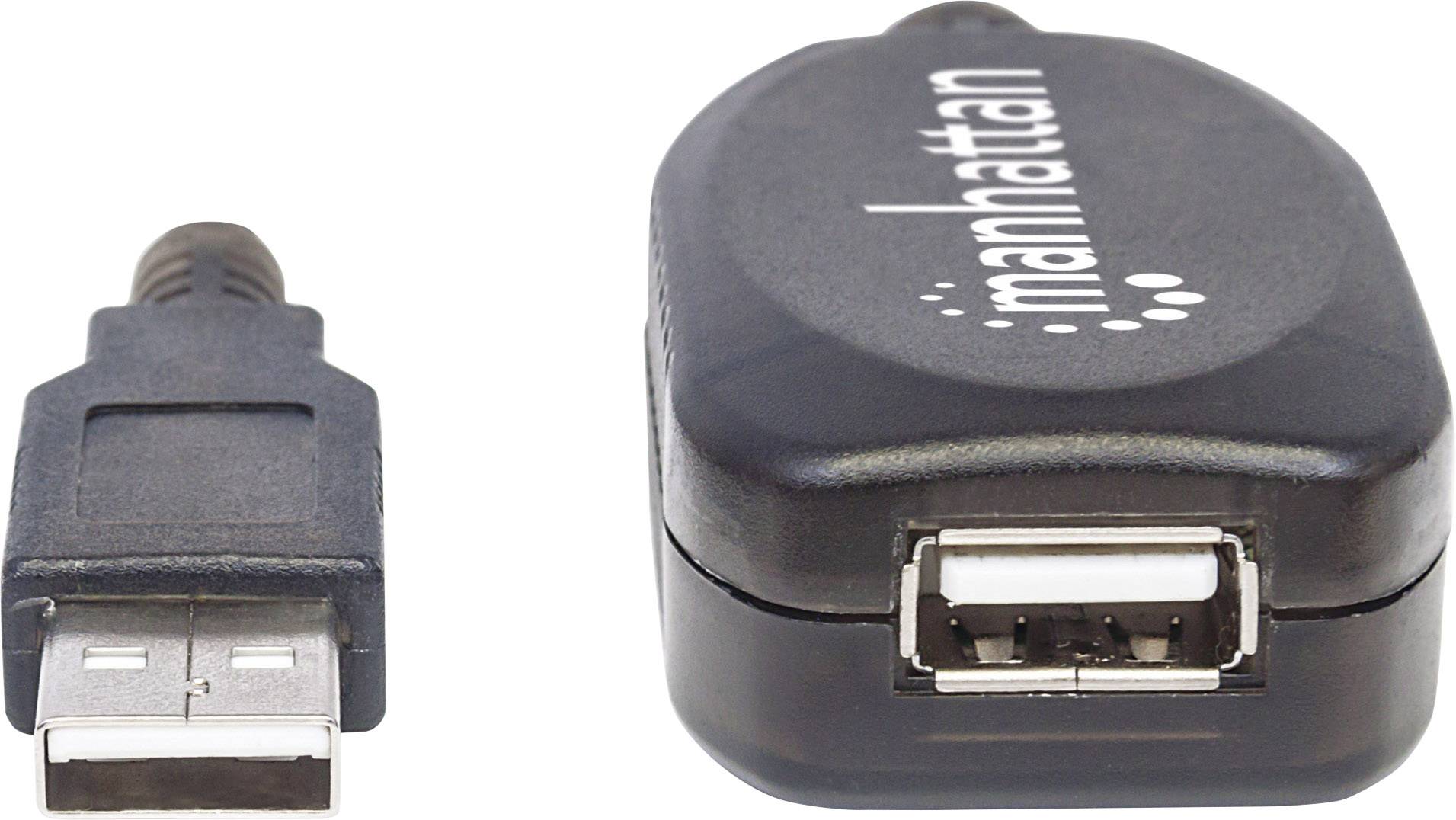Manhattan USB-Kabel USB 2.0 USB-A Stecker, USB-A Buchse 15.00 m Schwarz Rund, mit LED 152365