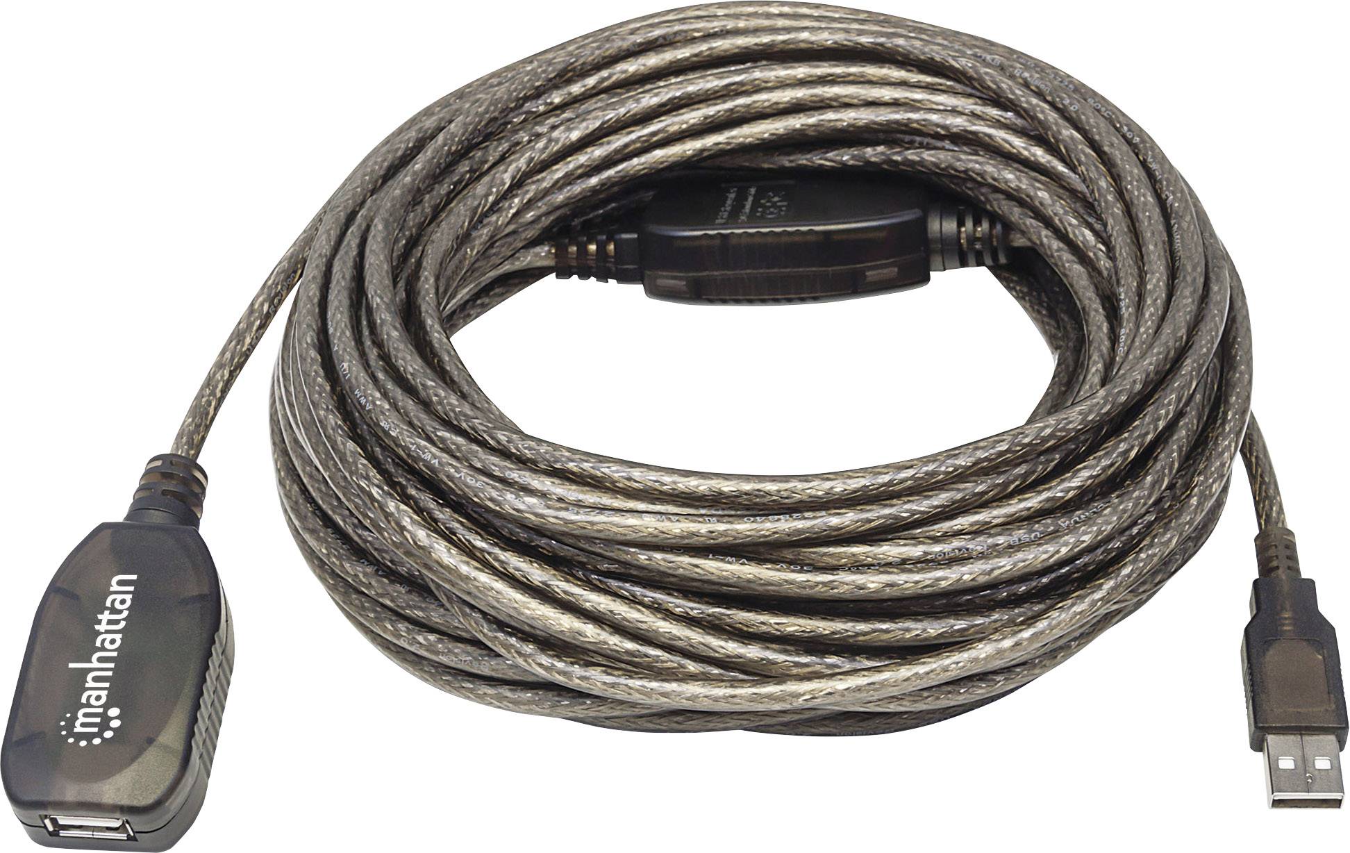 Manhattan USB-Kabel USB 2.0 USB-A Stecker, USB-A Buchse 15.00 m Schwarz Rund, mit LED 152365