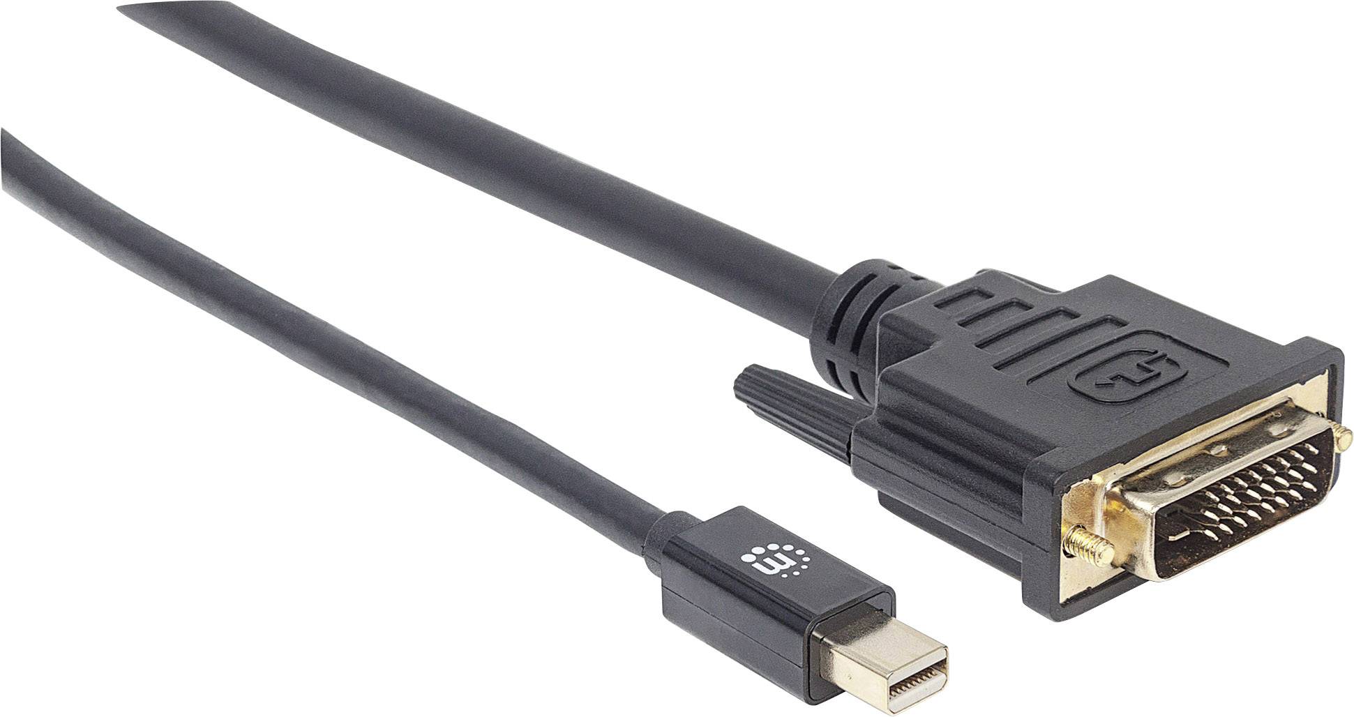 Schwarzes Kabel mit Mini DisplayPort-Stecker links und DVI-Stecker rechts. Kabel dient zur Verbindung von Computern mit Monitoren.