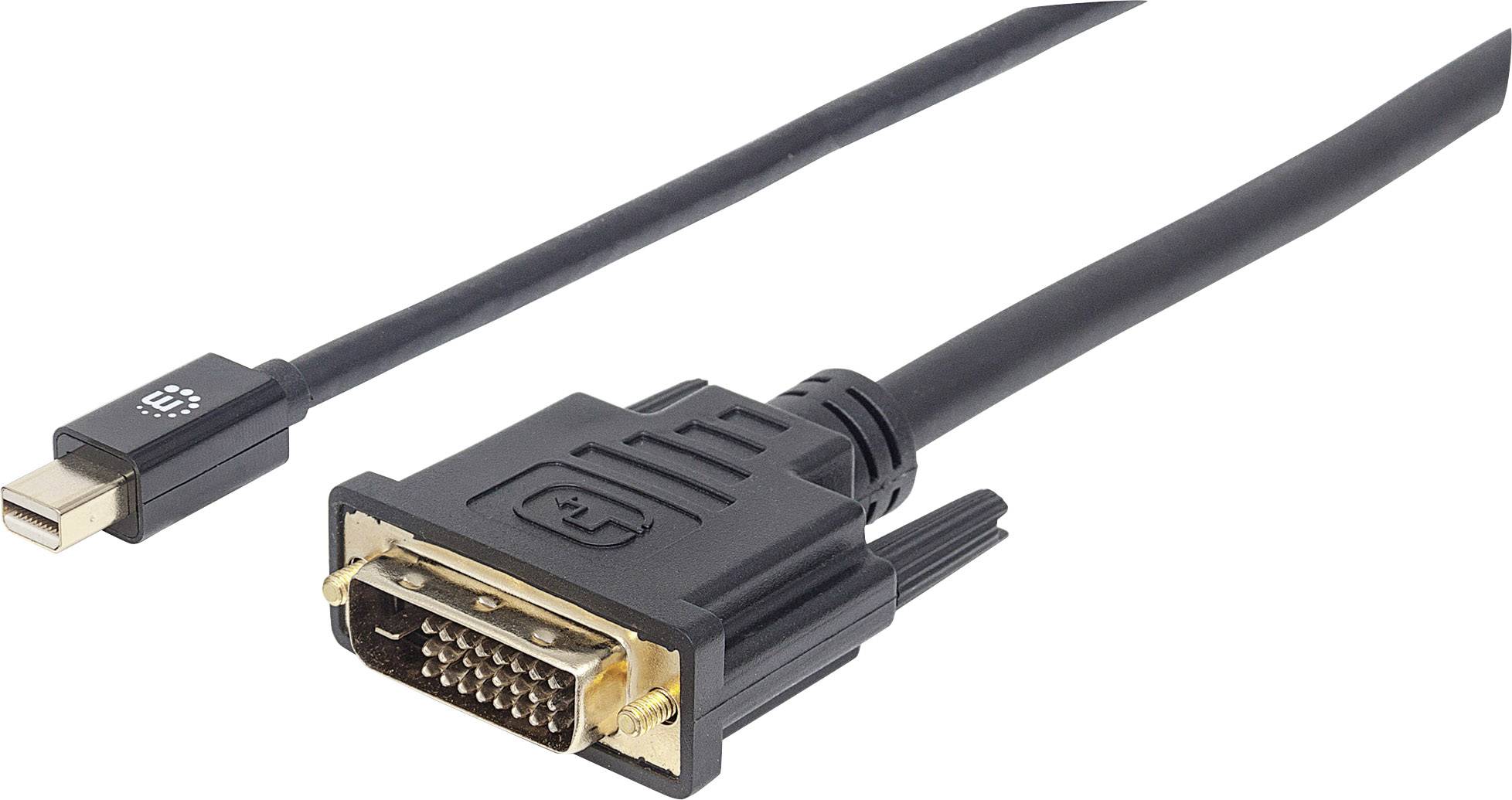 Schwarzes Kabel mit einem Mini-DisplayPort-Anschluss auf der einen Seite und einem DVI-Anschluss auf der anderen.