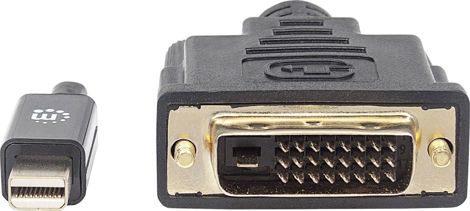 'Mini DisplayPort auf DVI-Adapter', schwarzes Kabel mit zwei unterschiedlichen Anschlüssen: kleiner Mini DisplayPort und größerer DVI-Anschluss.