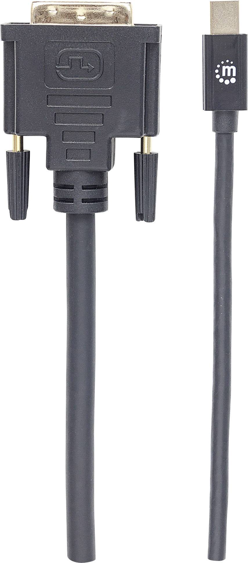 Ein schwarzes Monitoranschlusskabel mit DVI-Anschluss links und USB-C-Anschluss rechts.