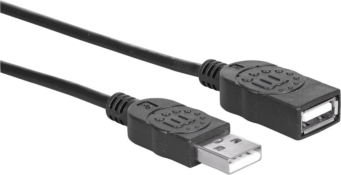 Ein schwarzes USB-Verlängerungskabel mit einem männlichen und einem weiblichen Anschluss, geeignet zum Verbinden und Verlängern von USB-Geräten.