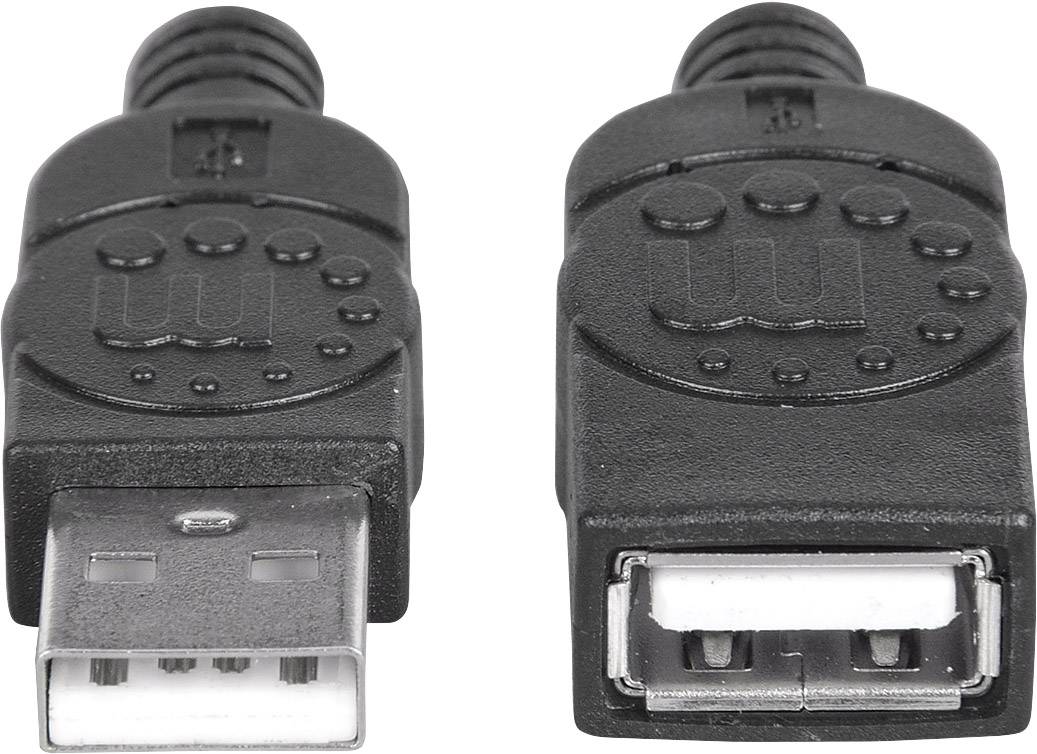 Zwei schwarze USB-Stecker im Nahbereich. Links ist ein USB-A-Stecker, rechts eine USB-A-Buchse. Beide haben gerippte Griffe.