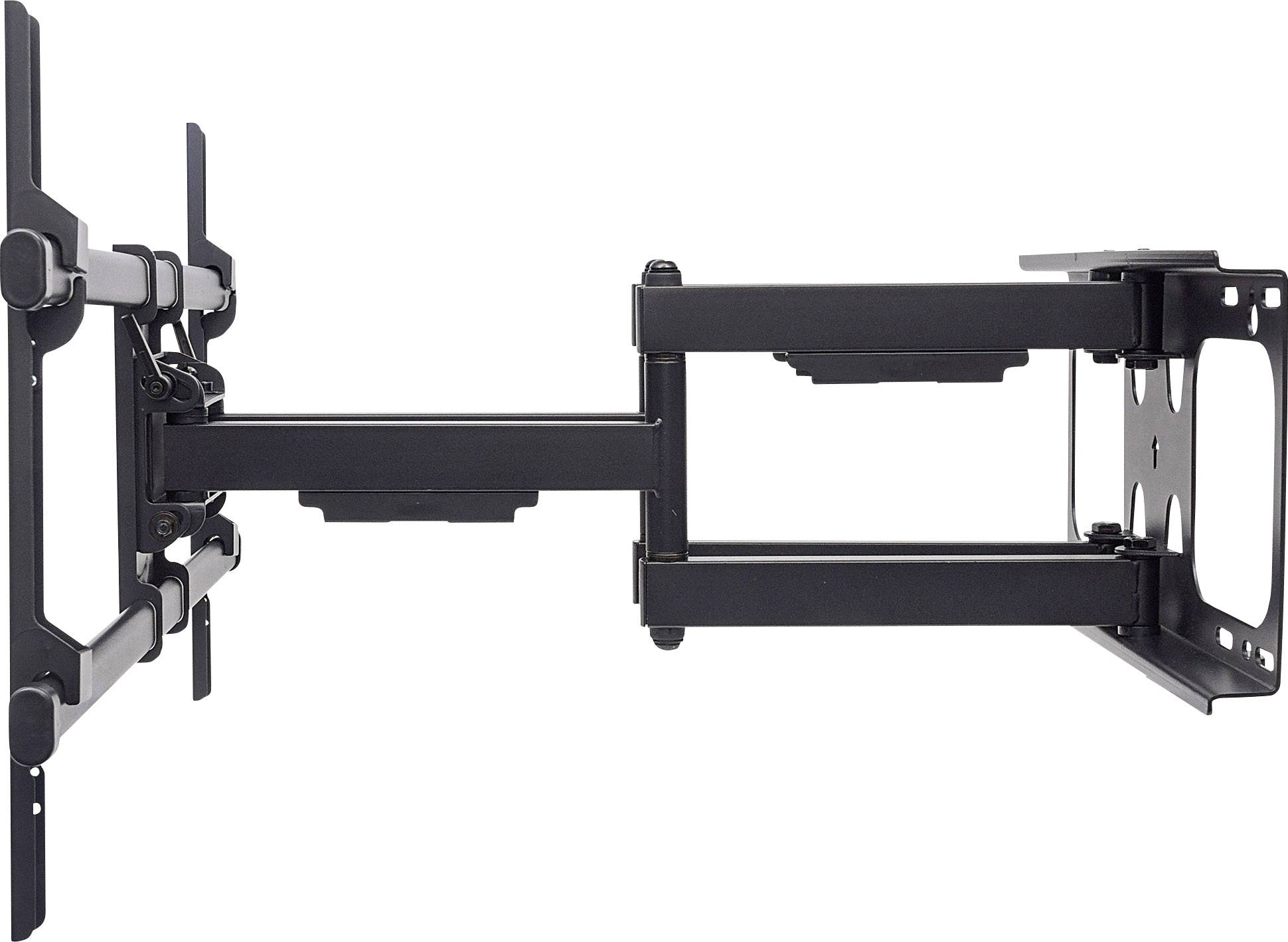 Ein schwarzer, verstellbarer TV-Wandhalter aus Metall mit mehreren Gelenken und Halterungen für flexible Positionierung.