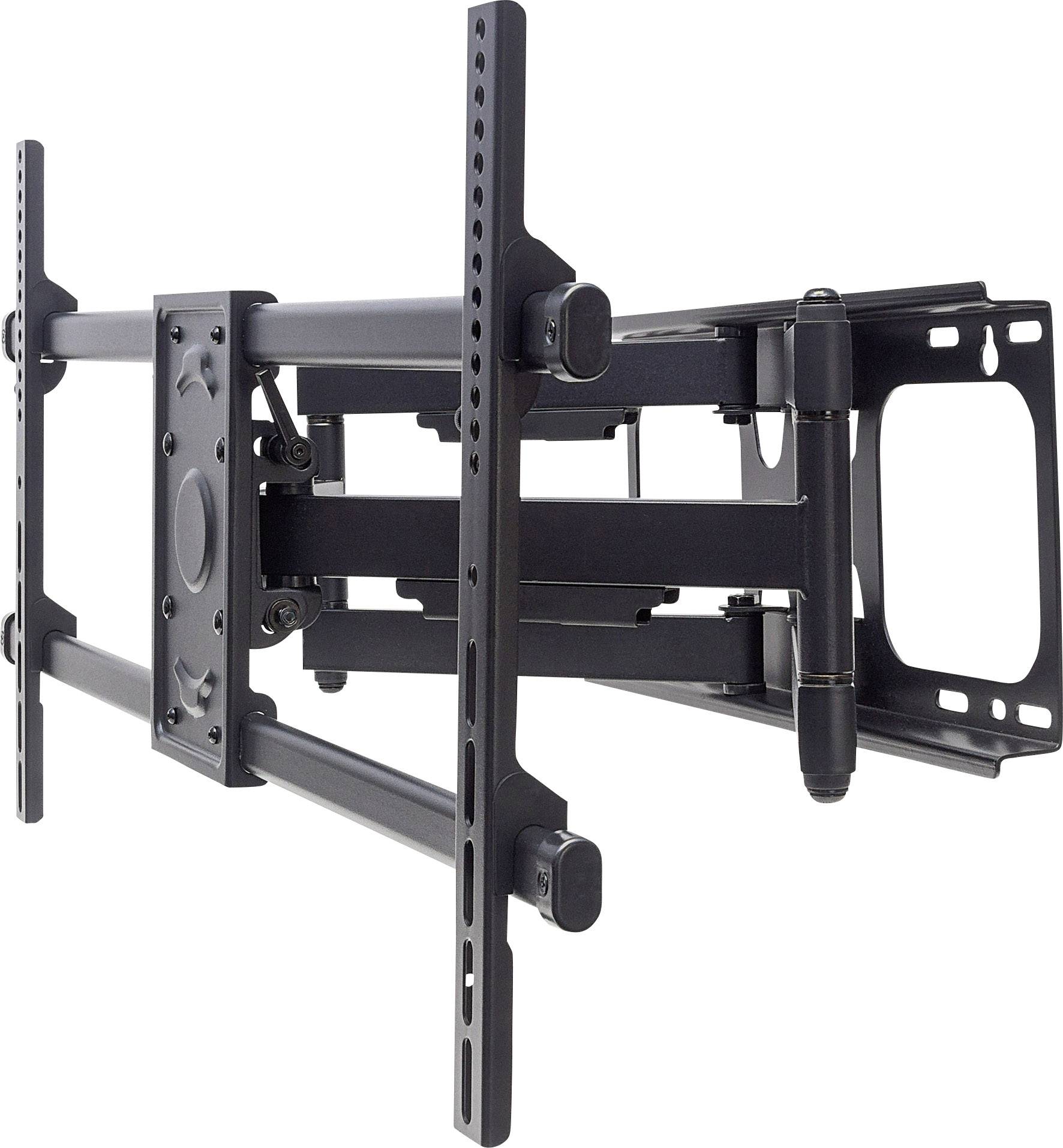 Ein verstellbarer, schwarzer TV-Wandhalter mit mehreren Armen und Montagelöchern zur flexiblen Anbringung von Flachbildfernsehern.