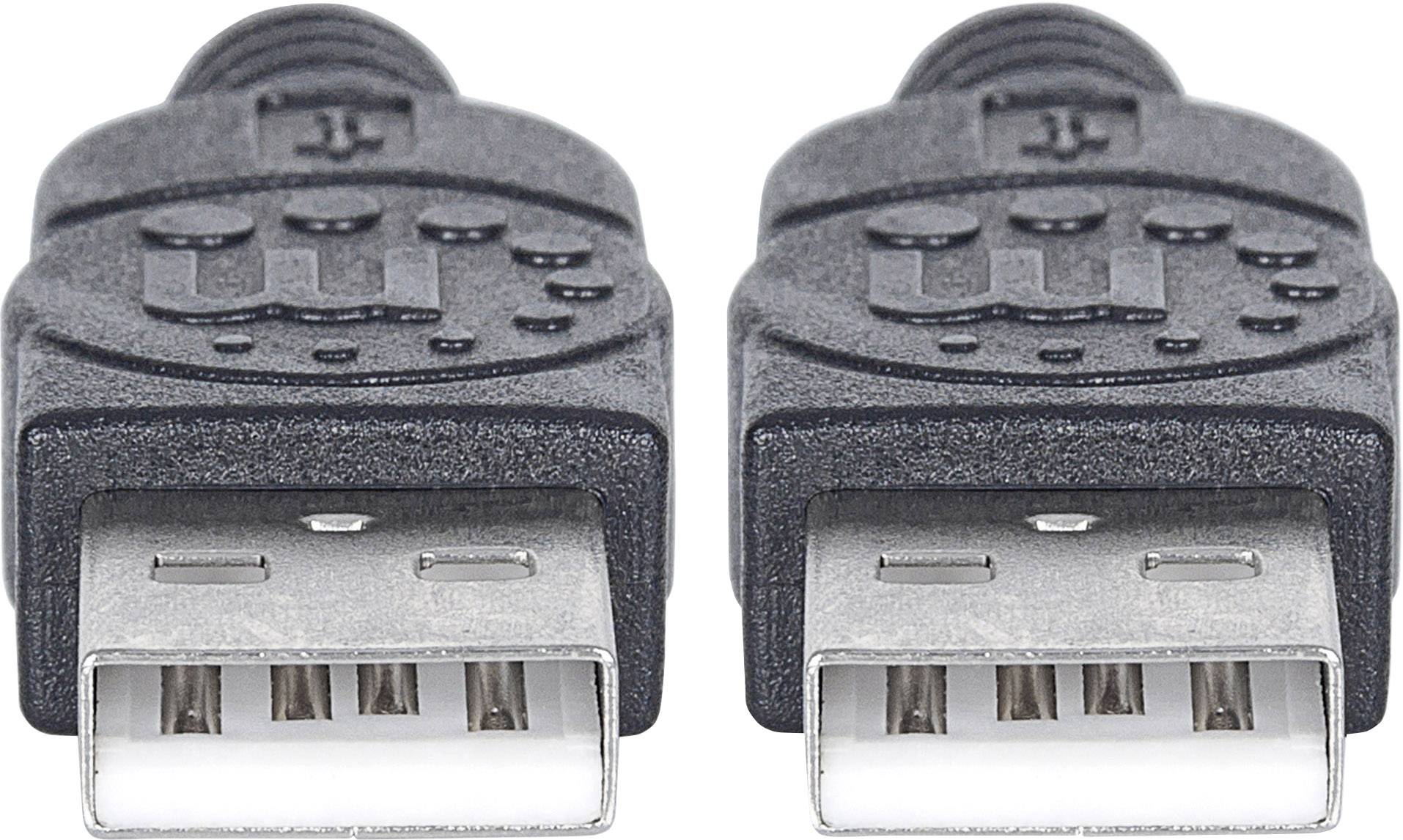 Zwei identische USB-A-Stecker mit schwarzen Kunststoffgehäusen nebeneinander.