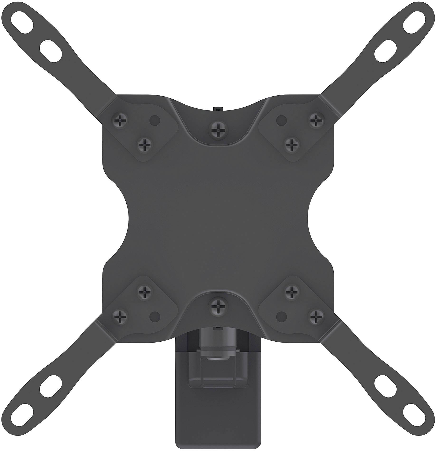 Ein schwarzer Wandhalterungsadapter mit vier Armen und Schrauben, der zur Befestigung von Bildschirmen dient.