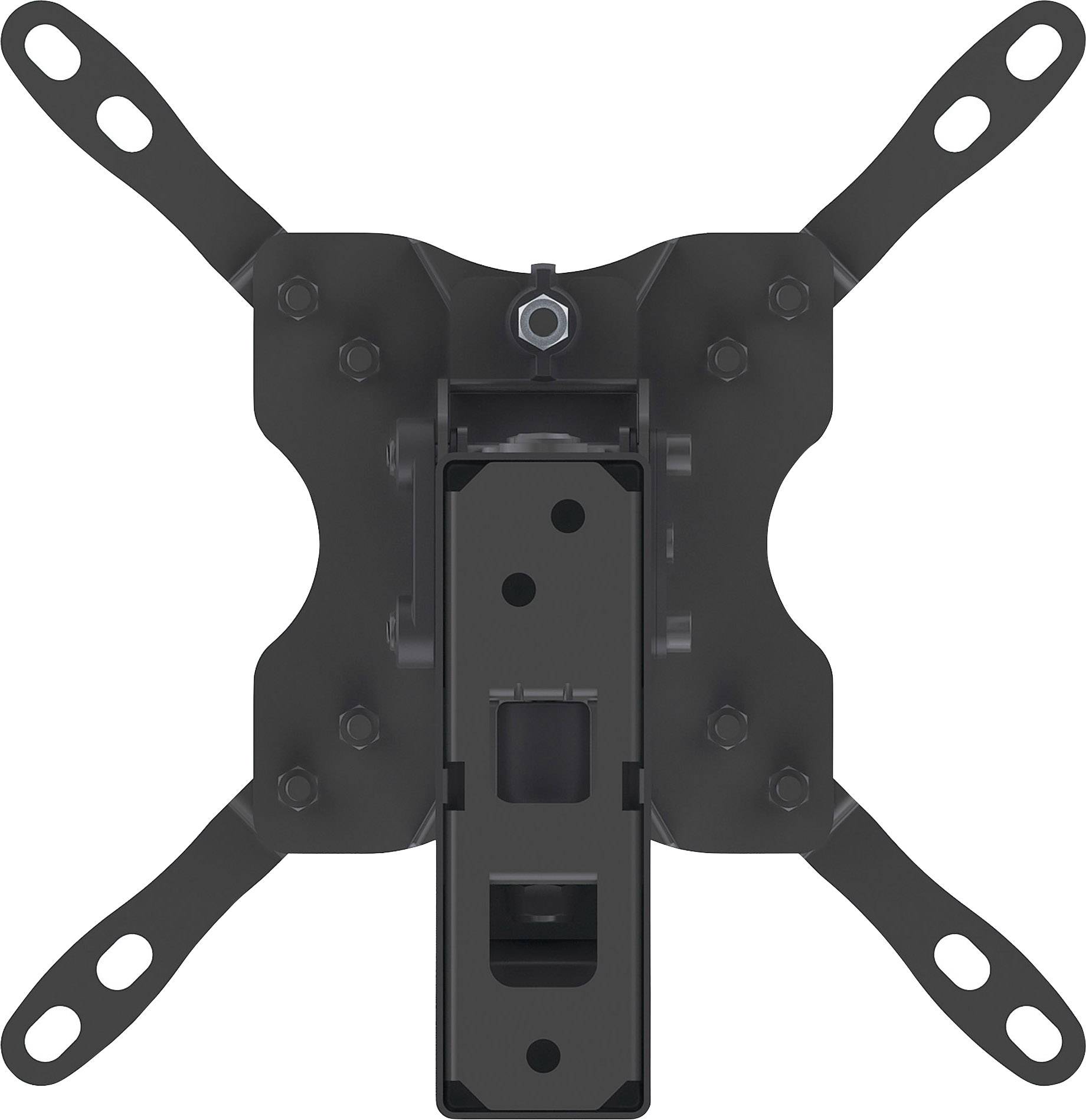 Schwarze TV-Wandhalterung aus Metall mit vier verstellbaren Armen und zentraler Befestigungsschraube, geeignet für Flachbildschirme.