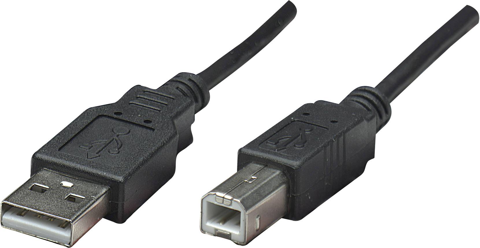 Ein USB-Kabel mit zwei unterschiedlichen Anschlüssen: links ein Standard-USB-Stecker und rechts ein quadratischer USB-B-Stecker.