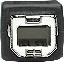 Ein quadratischer USB-Stecker vom Typ B, häufig verwendet zum Anschluss von Geräten wie Druckern an Computer.