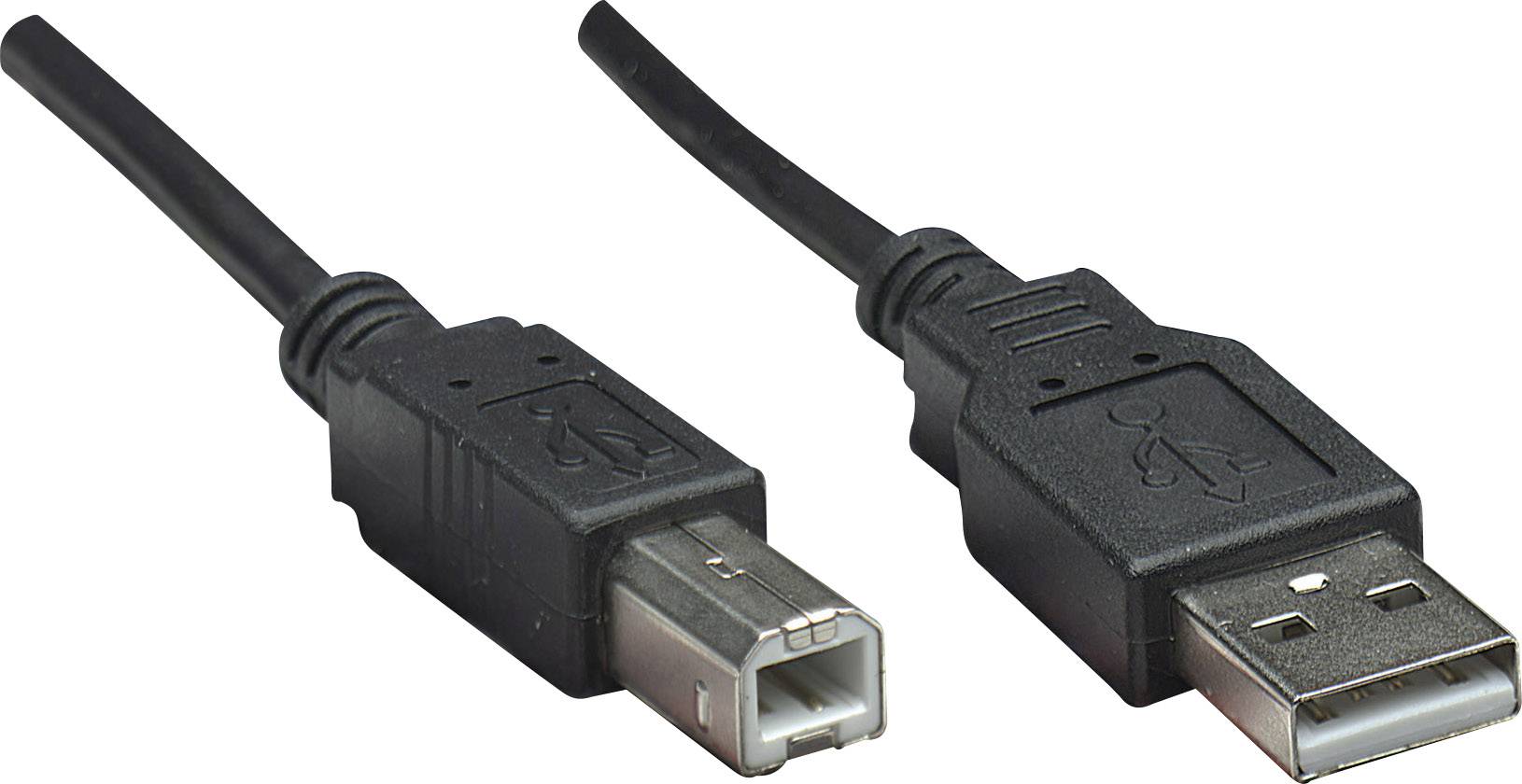 Zwei schwarze Kabel: Links ein quadratischer Stecker, rechts ein rechteckiger USB-Stecker. Beide sind für Datenverbindungen.