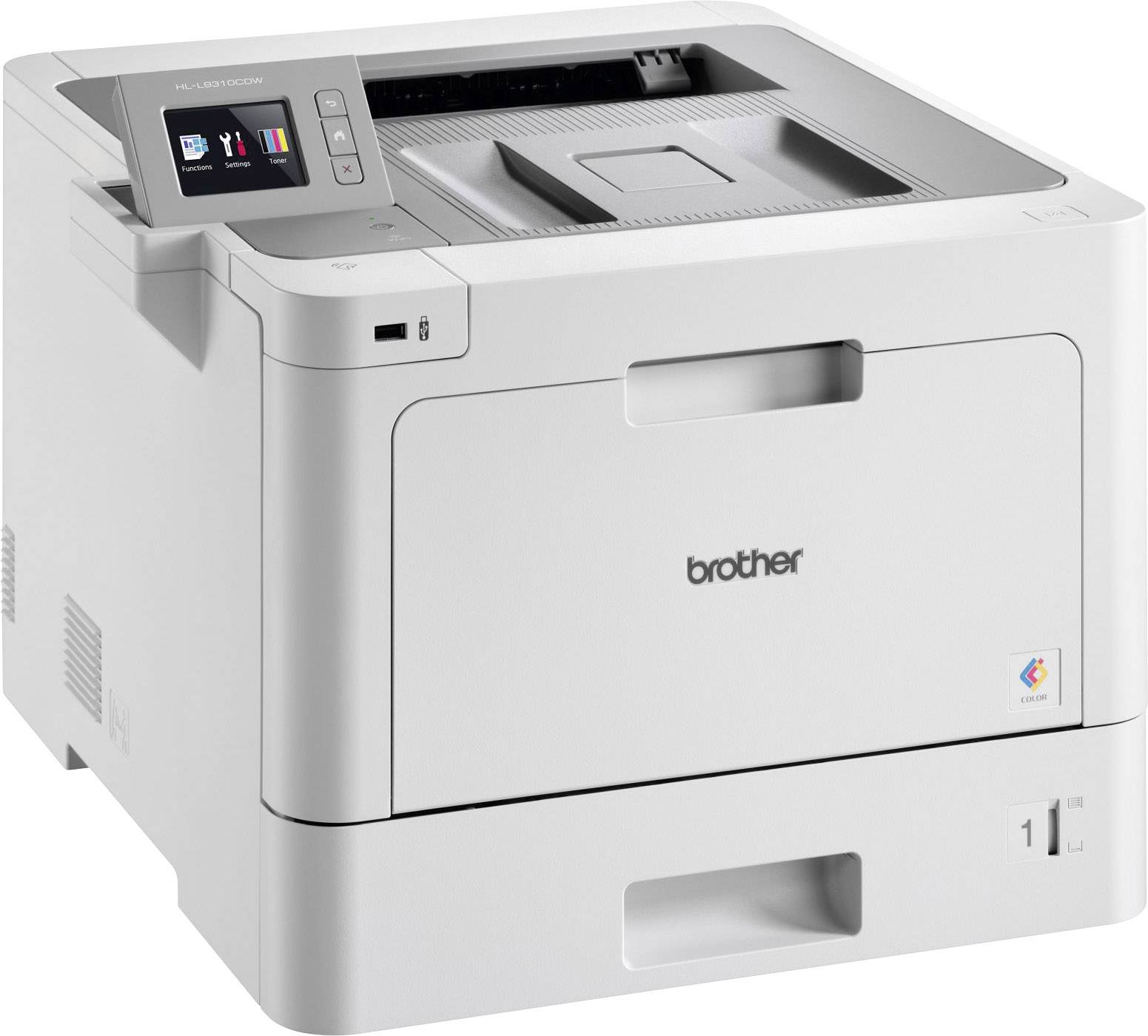 Ein weißer Drucker mit einem Display an der Seite, zeigt den Druckstatus und Tintenfüllstand an. Oben liegt Papier im Ausgabefach.