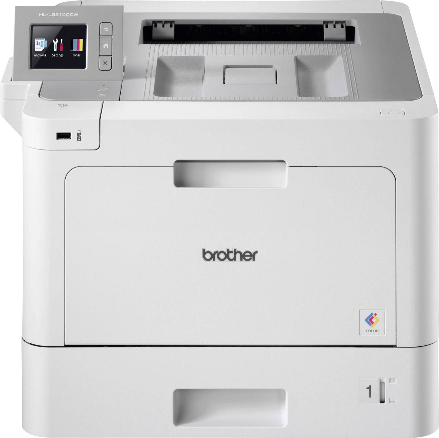 Ein grauer Drucker mit Bedienfeld links oben, Markenname in der Mitte, Papierausgabefach oben. Modell: HL-L8350CDW.