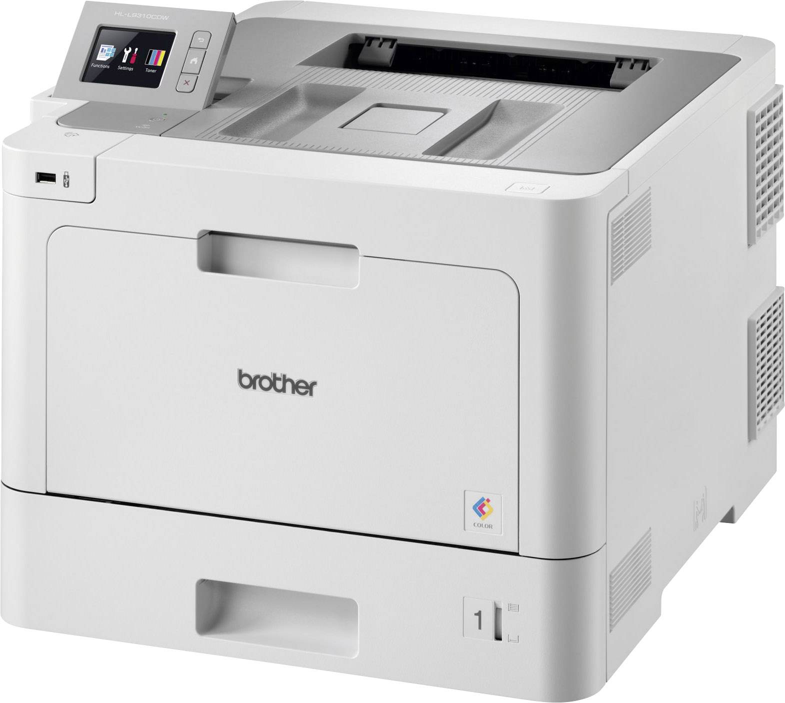 Ein grauer Laserdrucker von Brother mit einem LCD-Display auf der linken Seite.