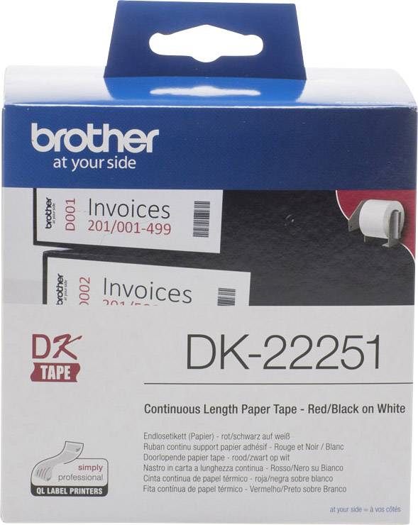 'Brother DK-22251' Endlos-Etiketten (rot/schwarz auf weiß) für Etikettendrucker. 'Invoices 201/001-499' auf der Verpackung gezeigt.