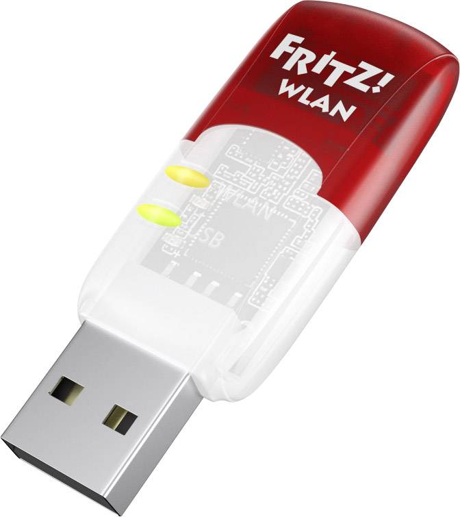 WLAN-USB-Stick in Rot und Weiß mit der Aufschrift 'FRITZ! WLAN', zeigt Leuchtanzeigen für Verbindungsstatus.