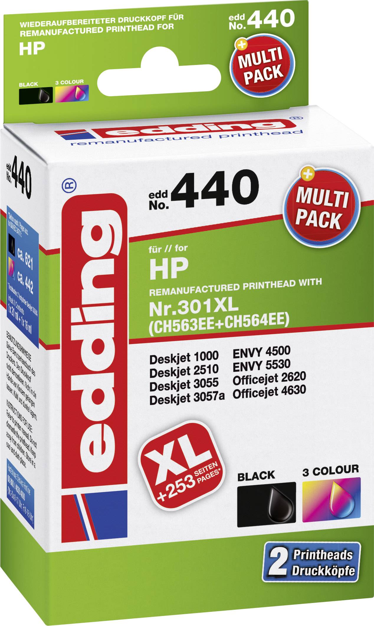 Kartonschachtel für edding Druckkopf Nr. 301 XL, kompatibel mit HP-Druckern. Enthält zwei Patronen für Schwarz und Farbe.