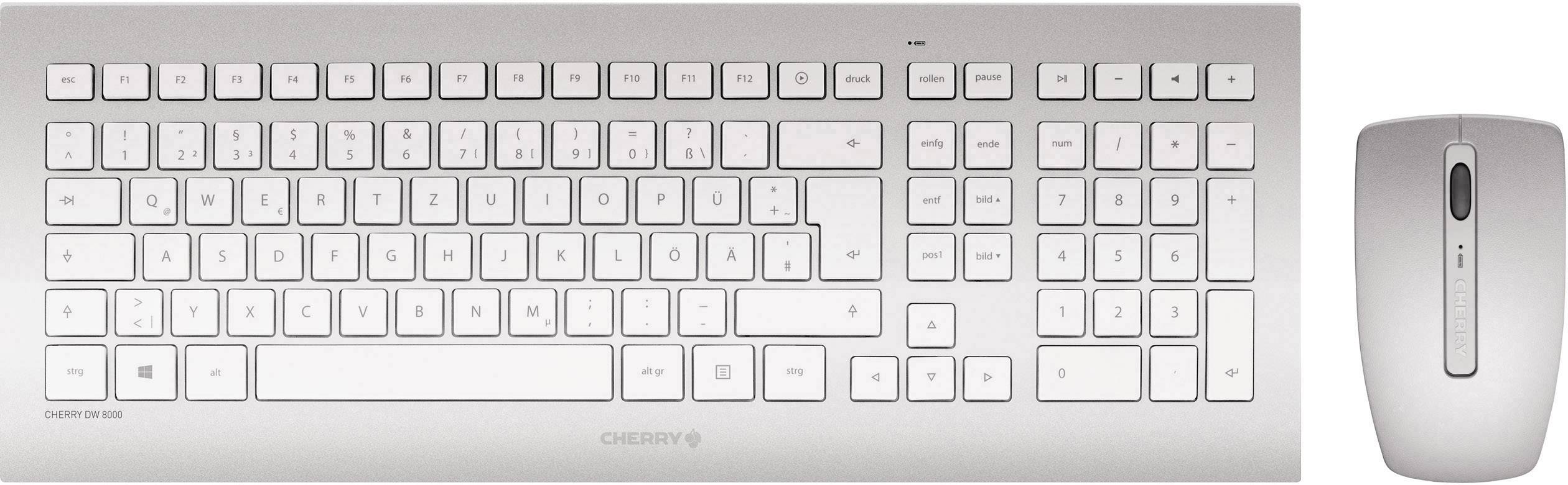 CHERRY DW8000 Funk Tastatur, Maus-Set Spritzwassergeschützt Deutsch, QWERTZ Weiß, Silber